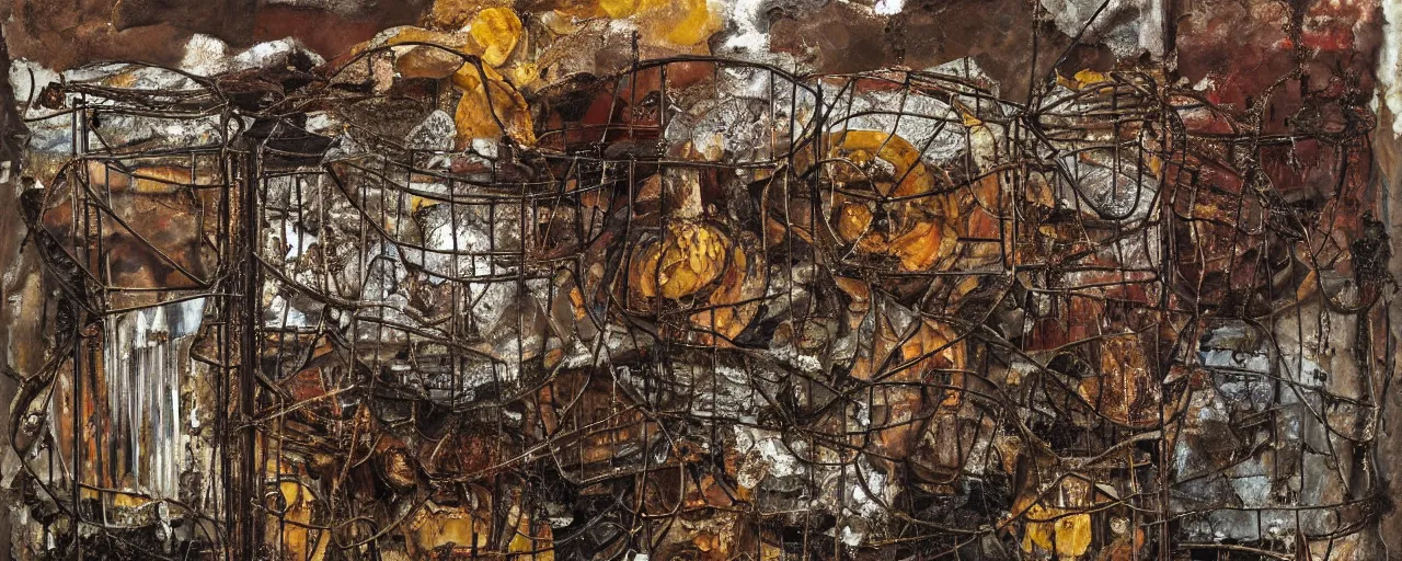 Prompt: an abstract painting of rusted metal, by Anselm Kiefer and Lucian Freud, rotting sunflowers, rusted metal, Scaffolding, iron cladding, decay, mixed media, textured, anatomically correct, beautiful perfect face, sharp focus, Highly Detailed