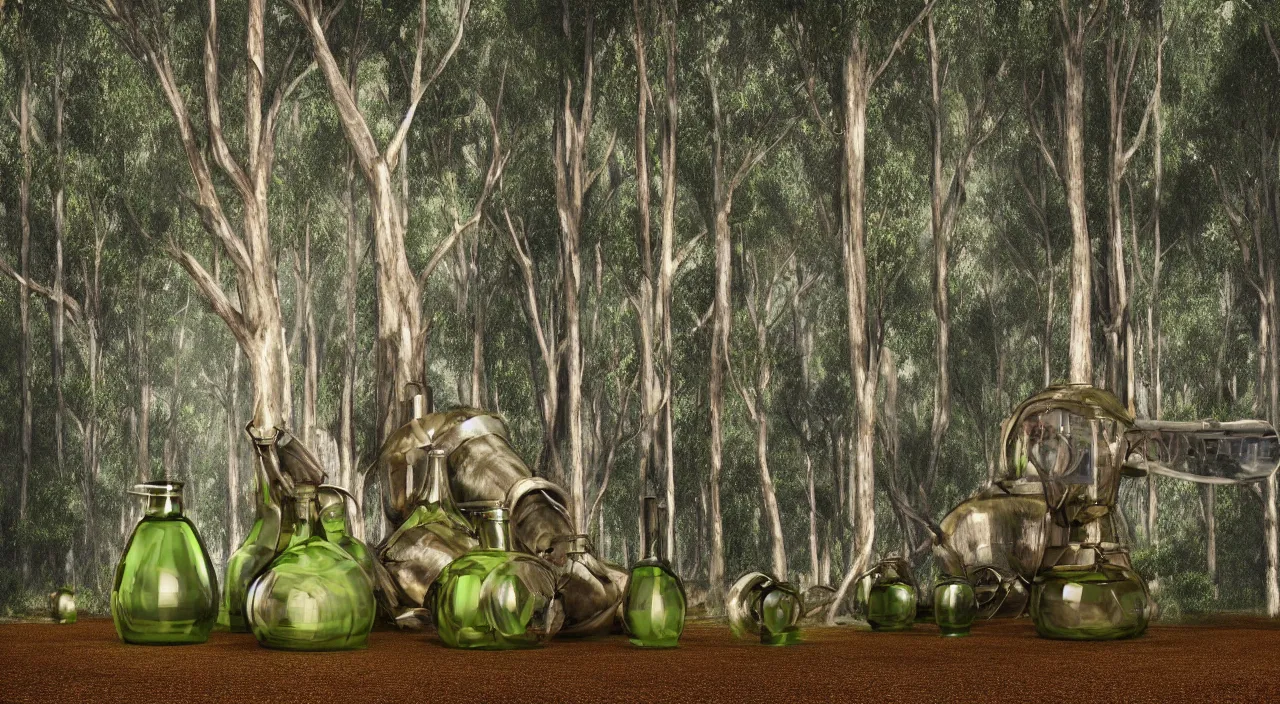 Prompt: a giant ceramic still distilling eucalyptus into green oil, amphora, eucalyptus forest background, vat, alchemical still, 3 d render, atmospheric, dynamic lighting, close up