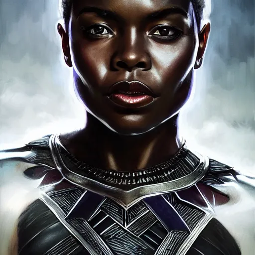 Prompt: portrait painting of a muscular bloodied black girl in a black panther suit, ultra realistic, concept art, intricate details, eerie, highly detailed, photorealistic, studio lighting, octane render, 8 k, unreal engine. art by artgerm and greg rutkowski and alphonse mucha