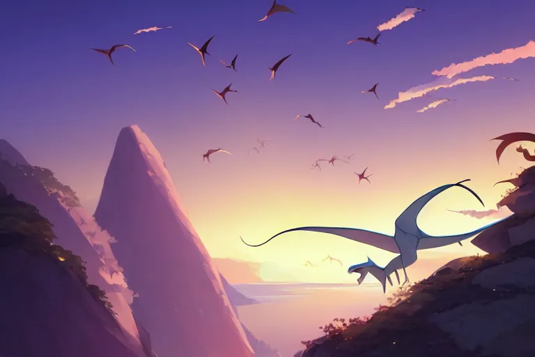 Image similar to a large smooth skinned white creature hybrid pterosaur, small quills along it's back, long fangs, sitting on a cliff high in the sky, sunset, backlit, beautiful composition, by makoto shinkai an krenz cushart