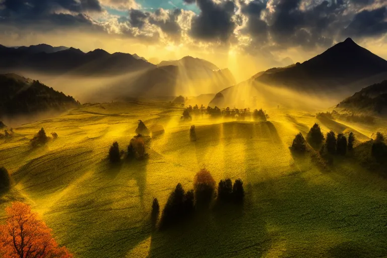 Prompt: landscape photography of copacul lui bezergheanu by marc adamus, morning, mist, rays of light, beautiful