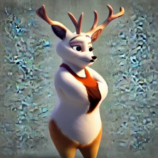 Image similar to portrait, 3 d render, tall slightly chubby anthropomorphic female deer, wearing along white dress, in the style of zootopia,