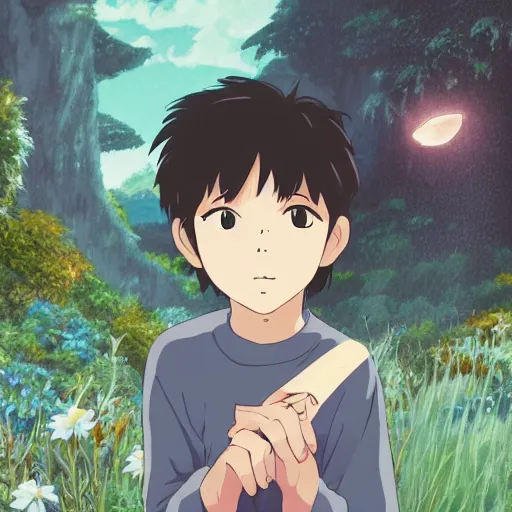 Image similar to friendly guy and small creature , with Fragile looking character portrait face made by Studio Ghibli highly detailed art, beautiful scene, sharp focus, smooth, 8k, anime art, wild, dark, fantasy, peaceful, colorful, clear, clean