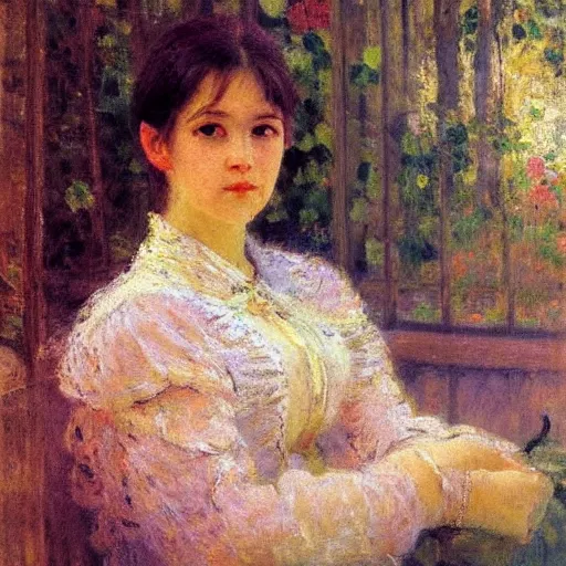 Image similar to portrait of a young woman, impressionism, realism, landscape, portrait, romanticism, painting by nikolay makovsky