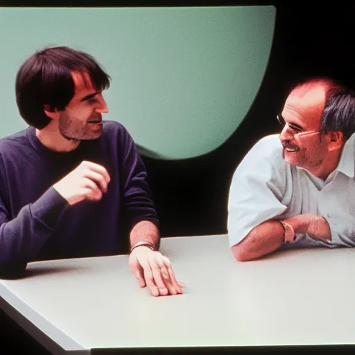 Image similar to photograph steve jobs discussing happier times with douglas adams on campus 1 9 8 8, healthy, in thomas ruff style, 3 5 mm ektachrome