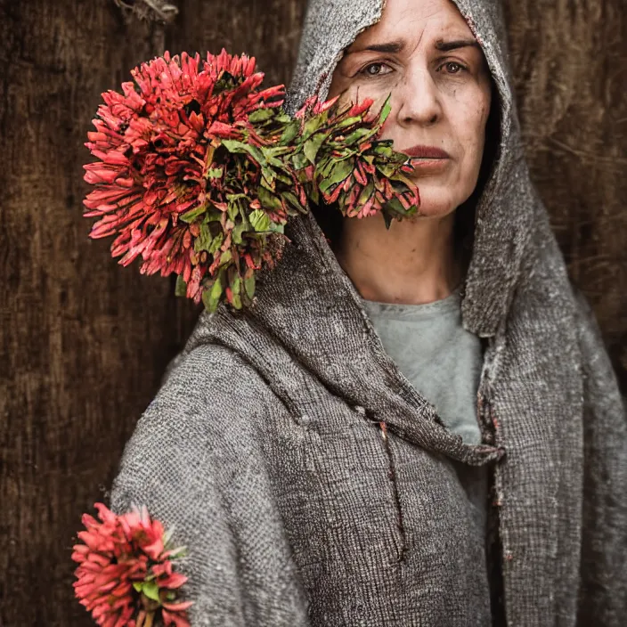 Prompt: a closeup portrait of a woman wearing a hooded cloak made of zinnias and barbed wire, in a derelict house, by Manny Librodo, natural light, detailed face, CANON Eos C300, ƒ1.8, 35mm, 8K, medium-format print