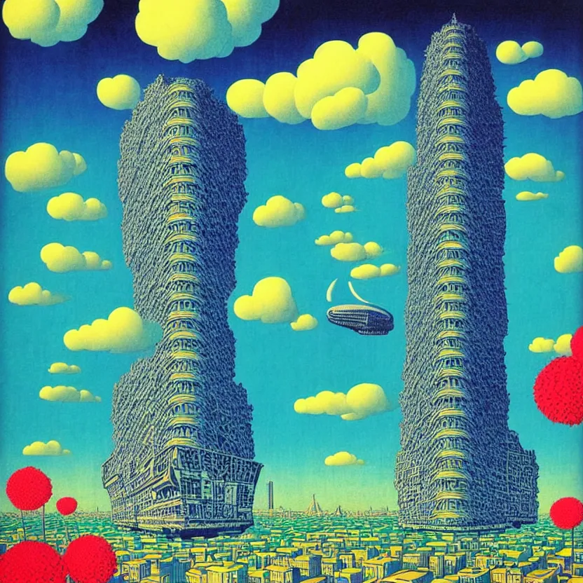 Prompt: surreal glimpse into other universe, mahanakorn tower with airship floating n the sky, summer morning, very coherent and colorful high contrast, art by!!!! rene magritte!!!!, geof darrow, floralpunk screen printing woodblock, dark shadows, hard lighting, stipple brush technique,