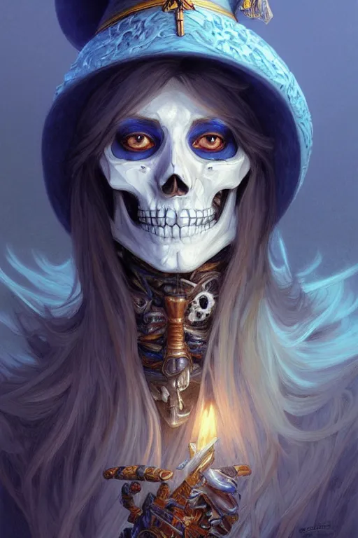 Image similar to Portrait of skeleton with a wizard hat on head, D&D, blue eyes, face, fantasy, intricate, elegant, highly detailed, digital painting, artstation, concept art, smooth, sharp focus, illustration, art by artgerm and greg rutkowski and alphonse mucha