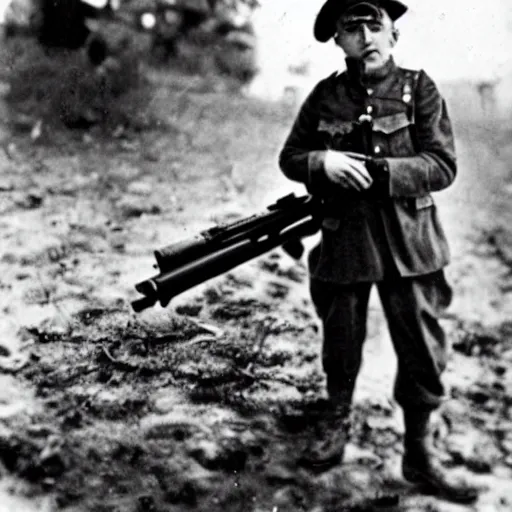 Image similar to old wartime photograph of a despicable me minion holding a lewis gun, 1 9 1 7