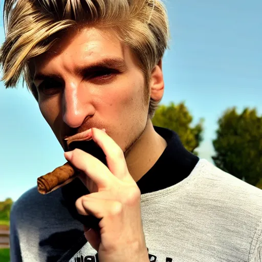 Image similar to a closeup photo of handsome gigachad xqc elrubius smoking a cigar