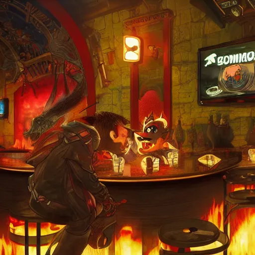 Image similar to an ultra detailed illustration of shadow the hedgehog and bowser sitting in a bar drinking beer, dive bar with a karaoke machine, volumetric lighting, 4 k, octane render, art by greg rutkowski and alphonse mucha and andreas rocha and albert bierstadt