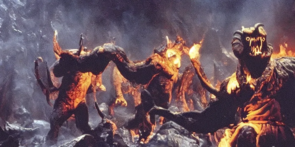 Image similar to A full color still from a Stanley Kubrick film featuring a Balrog in Moria, practical effects, 35mm, 1975