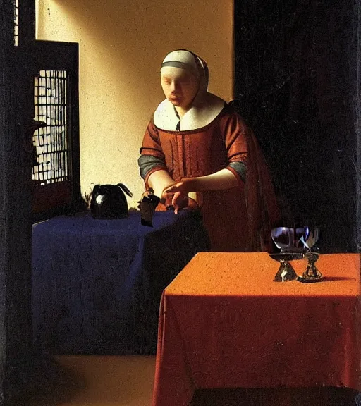 Image similar to portrait of a fortune teller automata by Vermeer