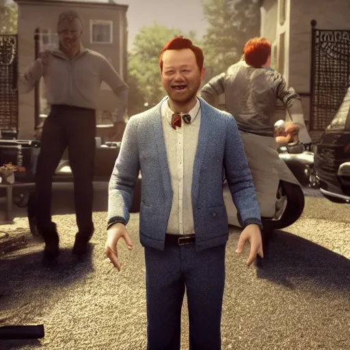 Image similar to freddie and the dreamers with limmy, realistic, wide shot, sunny lighting, octane render, gq magazine, hyper realistic, high quality, highly detailed, hd, beautiful, cinematic, 8 k, unreal engine, facial accuracy,