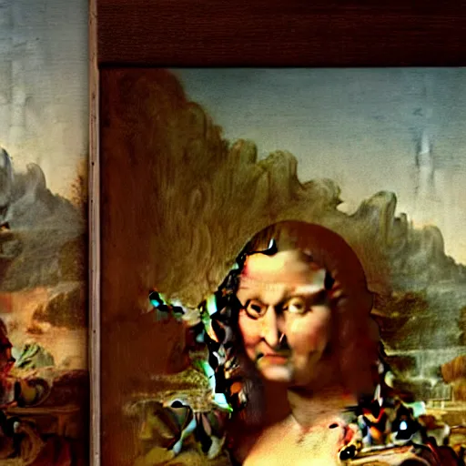 Image similar to An ultra HD photo of Leonardo Da Vinci painting the Mona Lisa on an ezel, Mona Lisa is posing on a chair in front of the hills, Leonardo is painting in front of her. 1/2/1797, Wideangle, 8k