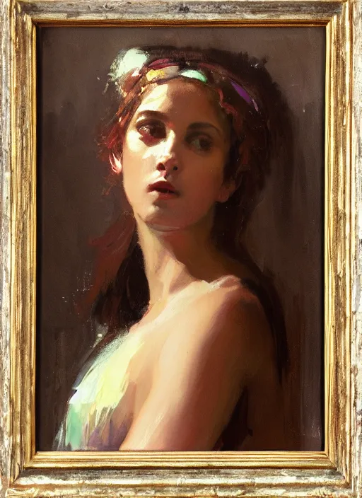 Prompt: painting of Aphrodite wearing a light purple sash over her shoulder, looking askance with a gentle sparkle in her eyes, by Jeremy Mann, detailed, stylized, loose brush strokes, bold colors, warm tones