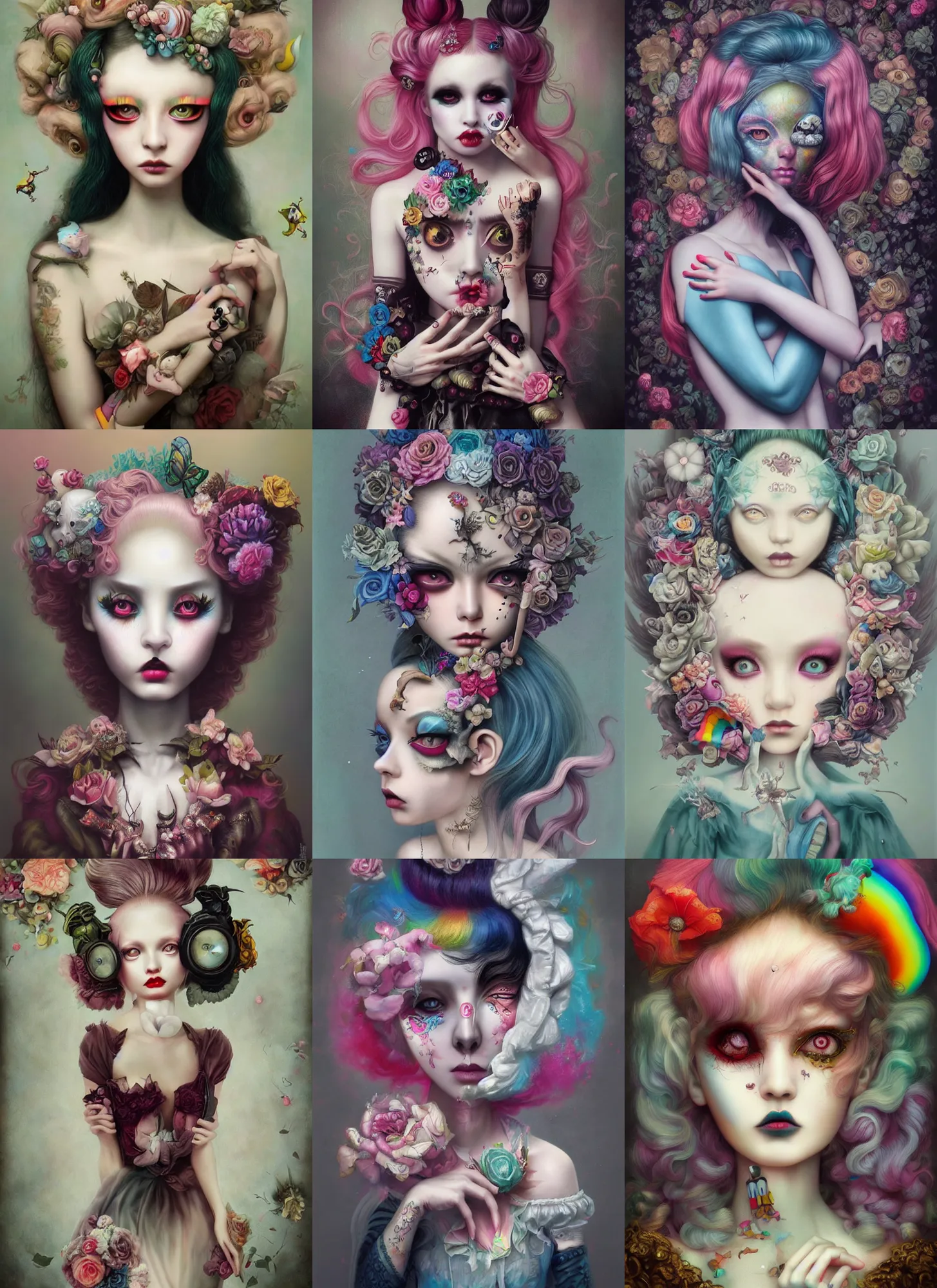 Prompt: pop surrealism, lowbrow art, realistic rainbow haute couture painting, japanese street fashion, hyper realism, muted colours, rococo, natalie shau, loreta lux, tom bagshaw, mark ryden, trevor brown style,