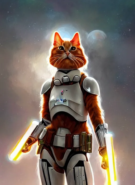 Image similar to a cute ginger cat in stormtrooper armour, star wars, beautiful glowing lights, sci - fi, stunning, intricate, elegant. highly detailed, digital painting. artstation. smooth. sharp focus. illustration. art by artgerm and greg rutkowski and alphonse mucha