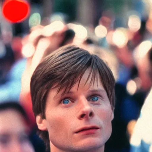 Image similar to film still, 5 0 mm, a masterpiece portrait photo of marty mcfly in a los angeles crowd, circa 1 9 9 9, sharp focus and narrow depth of field