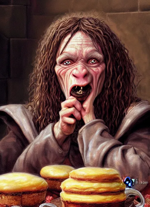 Prompt: portrait of a medieval goblin eating cakes in the cloisters, beautiful face, hyper realistic, highly detailed digital painting by earl norem, artstation illustration co