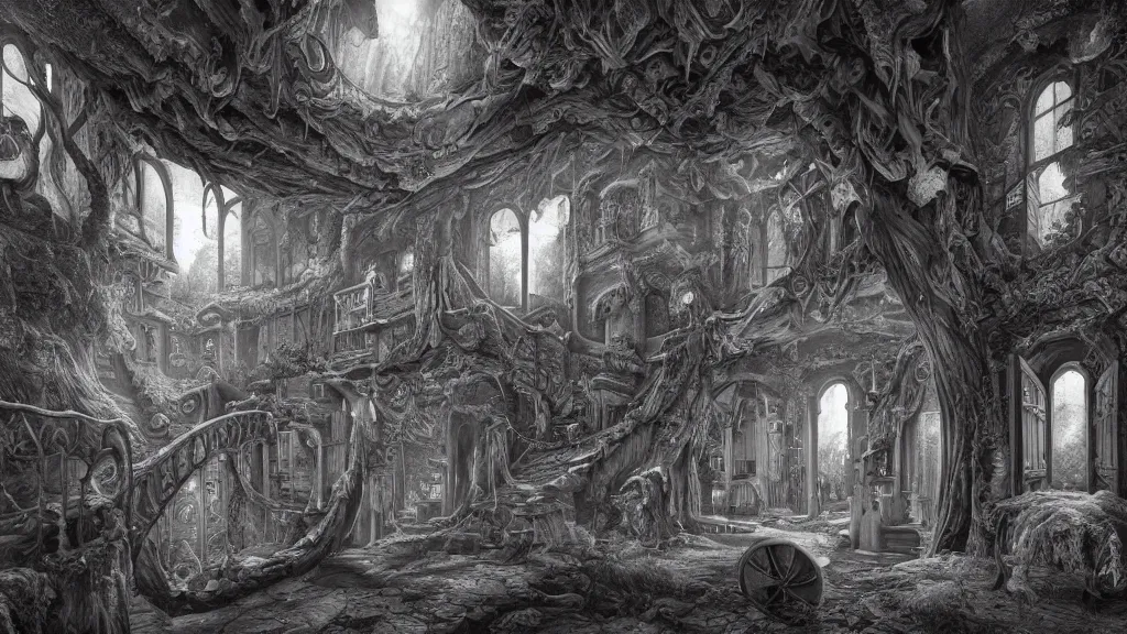 Image similar to a beautiful hyper realistic detailed matte painting of the owl manor, a place where you will be lost in strange room full of optical illusion and tricky perspective, dramatic lighting, dynamic lighting, cinematic lighting, dynamic lighting, cinematic lighting, lit by morning light, by maurits cornelis escher, black and white, featured on artstation, ultrawide angle