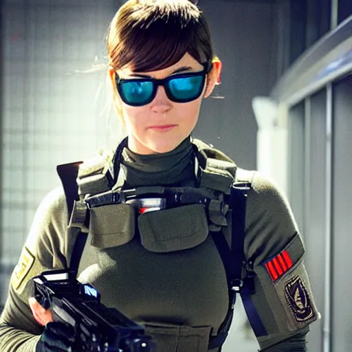 Image similar to mary elizabeth winstead as a futuristic soldier in a future battleground