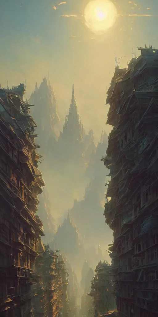 Image similar to a city built on a giant 🪜, unreal engine, fantasy art by greg rutkowski, loish, rhads, ferdinand knab, makoto shinkai and lois van baarle, ilya kuvshinov, rossdraws, tom bagshaw, global illumination, soft light, detailed and intricate environment