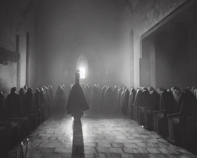 Image similar to a cultist ceremony, cultists with robes and masks, church interior, satanic church interior, the fog. horror lighting, found footage