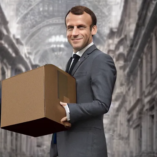 Image similar to photography, emmanuel macron carrying a box, relocation, ultra realistic, concept art, intricate details, highly detailed, photorealistic