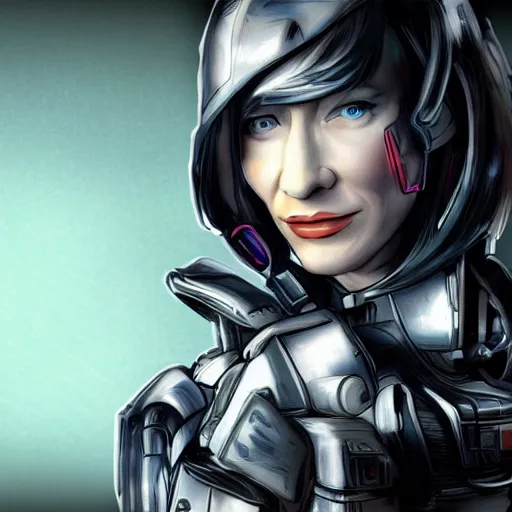 Prompt: cyborg cate blanchett, anime,drawing ,cyberpunk