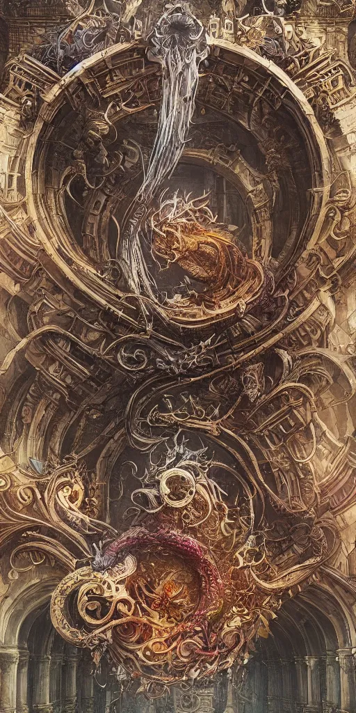 Prompt: enormous colorful Ouroboros floating around inside an ancient mage castle hall colossal scale, gothic and baroque, brutalist architecture, ultradetailed, intricate details by Ellen Jewett and Ayami Kojima