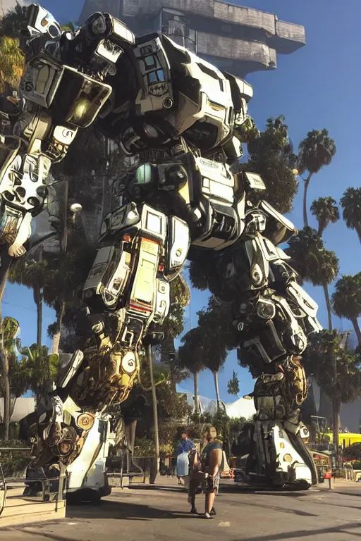 Prompt: giant Titanfall Mech on Santa Monica peer By Emmanuel Lubezki