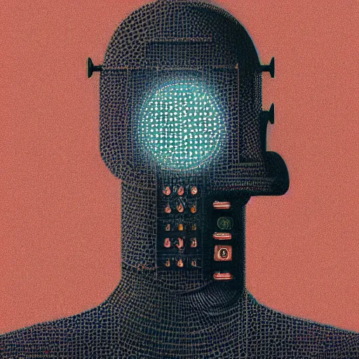 Image similar to portrait of a robot, colorful, modern art deco, mads berg, karolis strautniekas, christopher balaskas, stippled light, fog, moody, fine texture, editorial illustration, dramatic lighting, dynamic composition, detailed, matte print, dynamic perspective, muted color