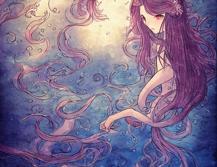 Image similar to princess of the sea at hanami. color ink wash by award - winning mangaka, chiaroscuro, bokeh, backlighting, intricate details