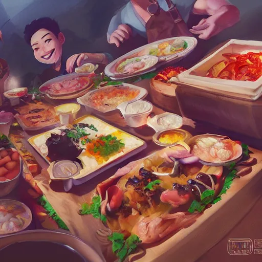 Image similar to artwork of a food feast, by rossdraws, matte painting, trending on artstation, gopro pov