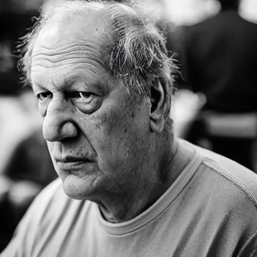 Prompt: wide angle portrait of werner herzog sitting alone in the waiting area of the dmv wearing a birthday hat. ultra wide angle, wes anderson, award winning, hyperrealistic, grand budapest hotel, studio lighting, very detailed face, chiaroscuro, film noir