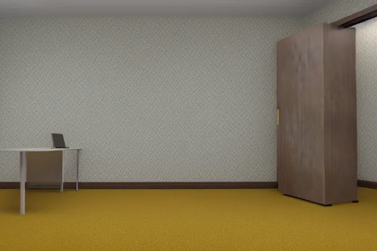 Image similar to 3 d render of jerma 9 8 5, jerma in endless halls of office space with worn light mono - yellow 7 0 s wallpaper, old moist carpet, and inconsistently - placed fluorescent lighting | liminal space | non - euclidean space | high octane | blender | 3 d render