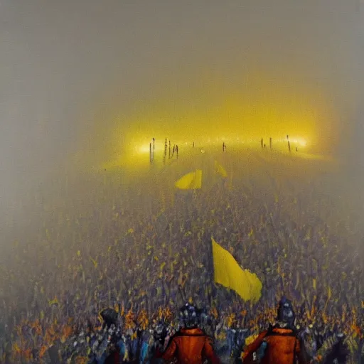 Prompt: cheerful ukranian victory parade in the fog, oil on canvas