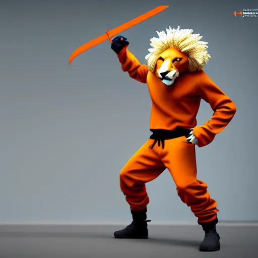 Prompt: commission of a fit male anthro albino lion holding a sword wearing an orange tracksuit,SFW,artstation,deviantart, science fiction industrial hard science concept art, 8K render octane high definition cgsociety