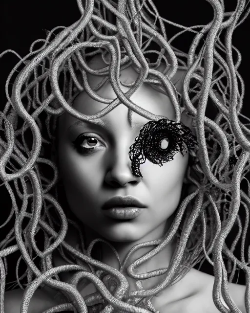 Image similar to surreal mythical dreamy artistic black and white fine art photo of a beautiful young female queen - medusa - cyborg covered with lace fish scales and translucent algae, highly detailed, intricate crystal ivy lace jelly fish scales ornate, poetic, octane render, 8 k, photo - realistic