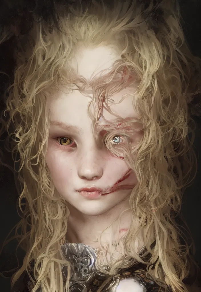 Image similar to portrait of a blonde vampire girl, child, freckles, smiling, messy curly hair, dark leather armor, sword, intricate and very beautiful and elegant, highly detailed, digital painting, artstation, concept art, smooth and sharp focus, cg by tian zi and wlop and alphonse mucha