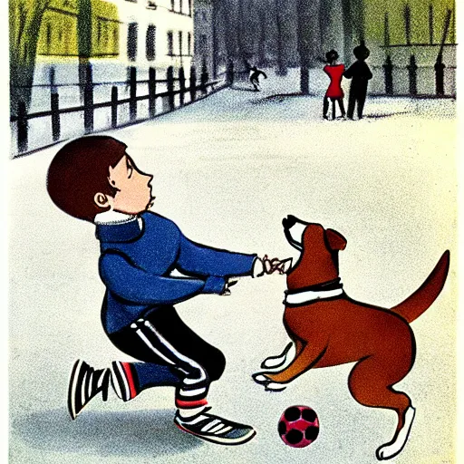 Image similar to book illustration of a french boy on the streets of paris playing football against a corgi, the dog is wearing a polka dot scarf, 1 9 6 6