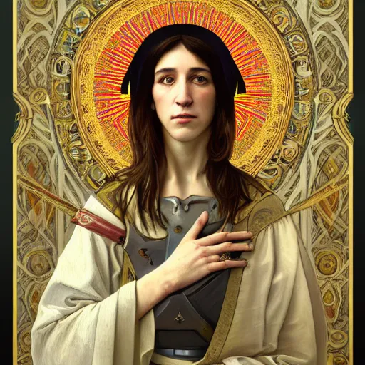 Image similar to portrait of charlotte gainsbourg as joan of arc, hyperreal digital painting, iconography influenced by alphonse mucha and eugene delacroix, arstation and deviantart trends, high resolution 8 k