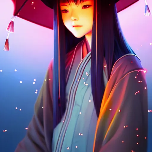 Image similar to Beautiful female samurai, with straw hat, rainy night, neon glow concept art, sharp focus, intricate, digital painting, artstation, official media, anime key visual, highly detailed, rich vivid colors ambient lighting, illustration, art by Artgerm, Makoto Shinkai, Ilya Kuvshinov, Lois Van Baarle and Rossdraws