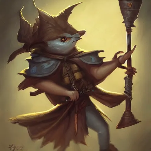 Image similar to cute little anthropomorphic bird, wielding a magic staff, tiny, small, short, Wizard robe, cute and adorable, pretty, beautiful, DnD character art portrait, matte fantasy painting, DeviantArt Artstation, by Jason Felix by Steve Argyle by Tyler Jacobson by Peter Mohrbacher, cinema