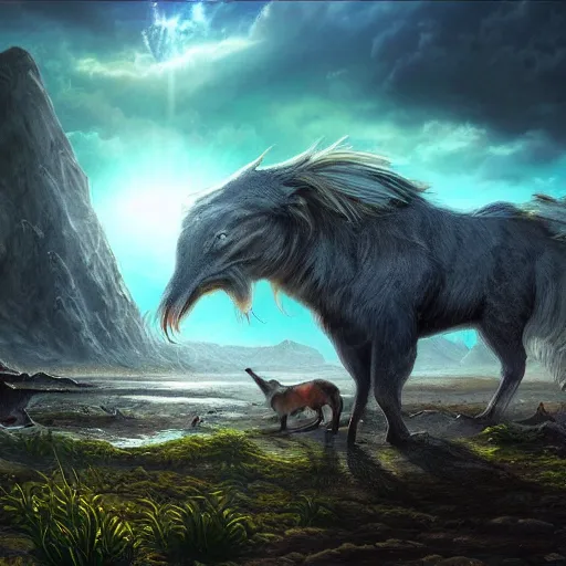 Image similar to large landscapes from another world, beautiful depiction, very detailed animals, enhance lighting, the sky is looking really cool