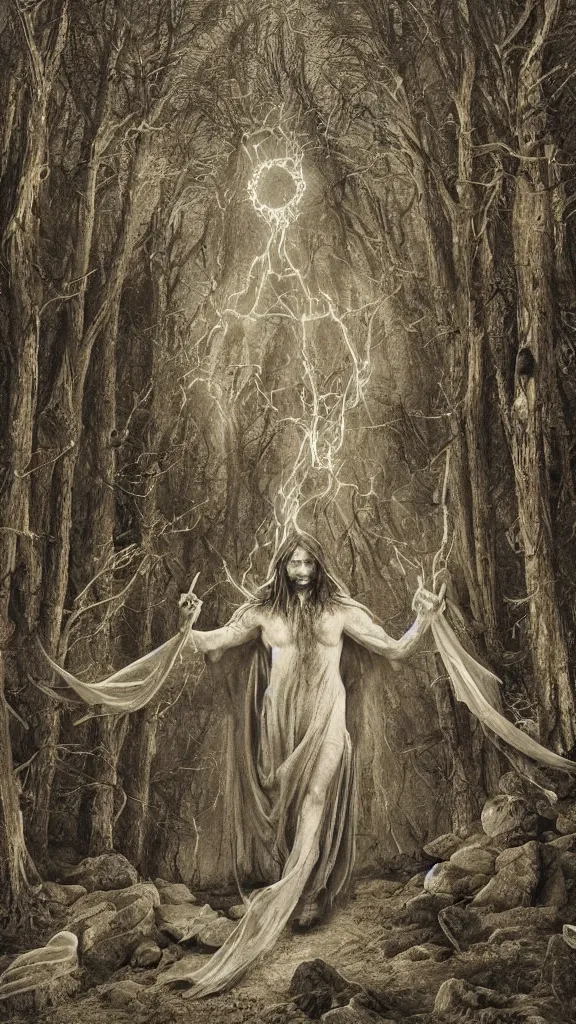 Prompt: mystical figure in occult robes in a dark misty forest opens a portal to hell, highly detailed, epic