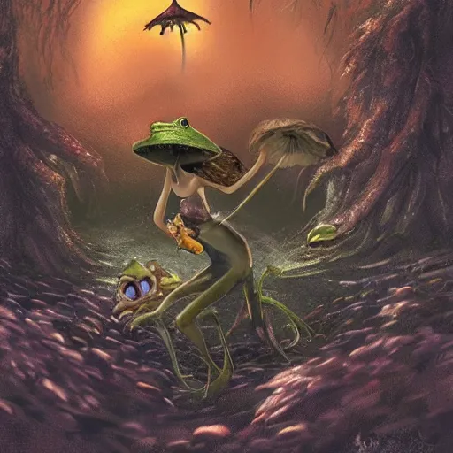 Image similar to A scary godlike fairy killing a frog. award winning. superb resolution. in the art style of junji Ito and greg rutkowski . Detailed Mushroom city in background. Hyper realistic anime. Perfect art. Dalle2