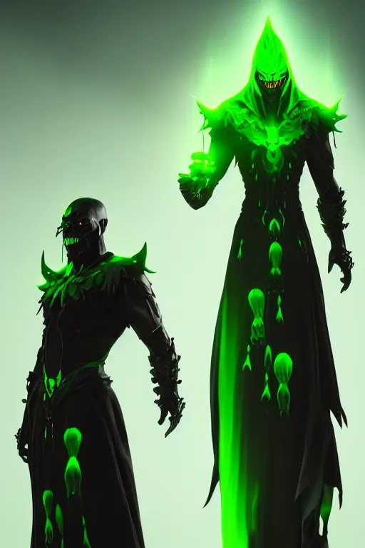 Prompt: character design, dark priest, green lightning, black halo, evil, power, green mist, scary, realistic, 3d, octane render, photorealistic, unreal engine, hellish background