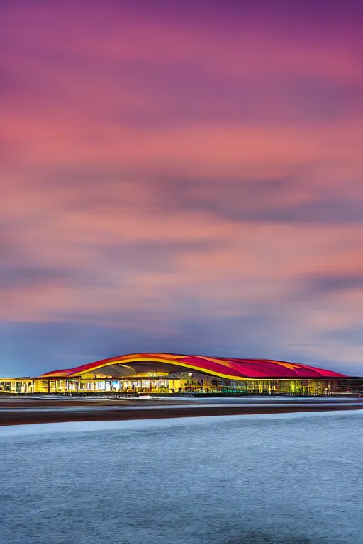 Prompt: buliding design by ricardo bofil, function is airport ， red and yellow and pink ， dusk seaside ， photography ， 8 k